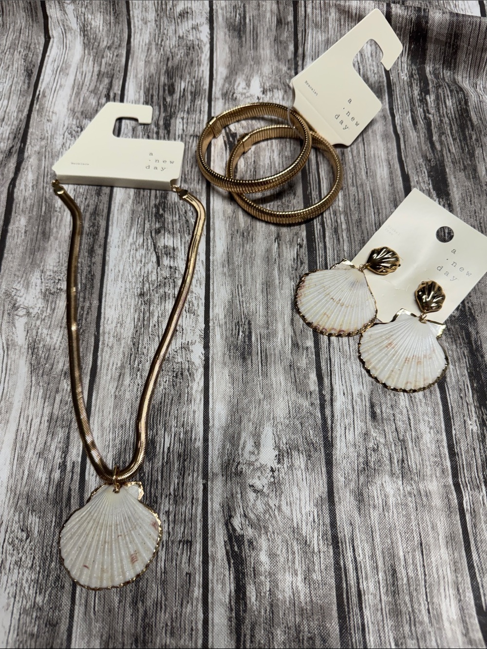 a new day Gold and Pink Shell Necklace and Earring Set with White Shell Pendant